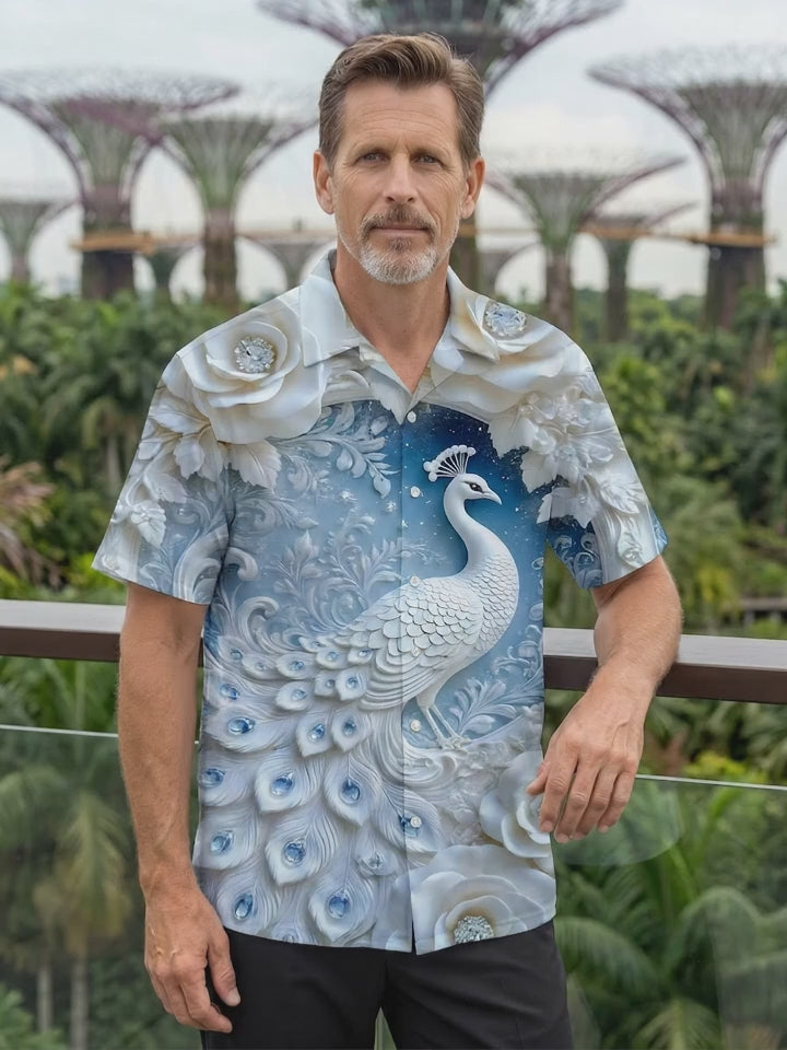 Peacock Flower Print Men's Pocket Short Sleeve Shirts