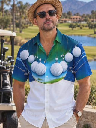 Adaychic Men's Printed Christmas Golf Ball Ornaments Print Short Sleeve Shirt with Chest Pocket