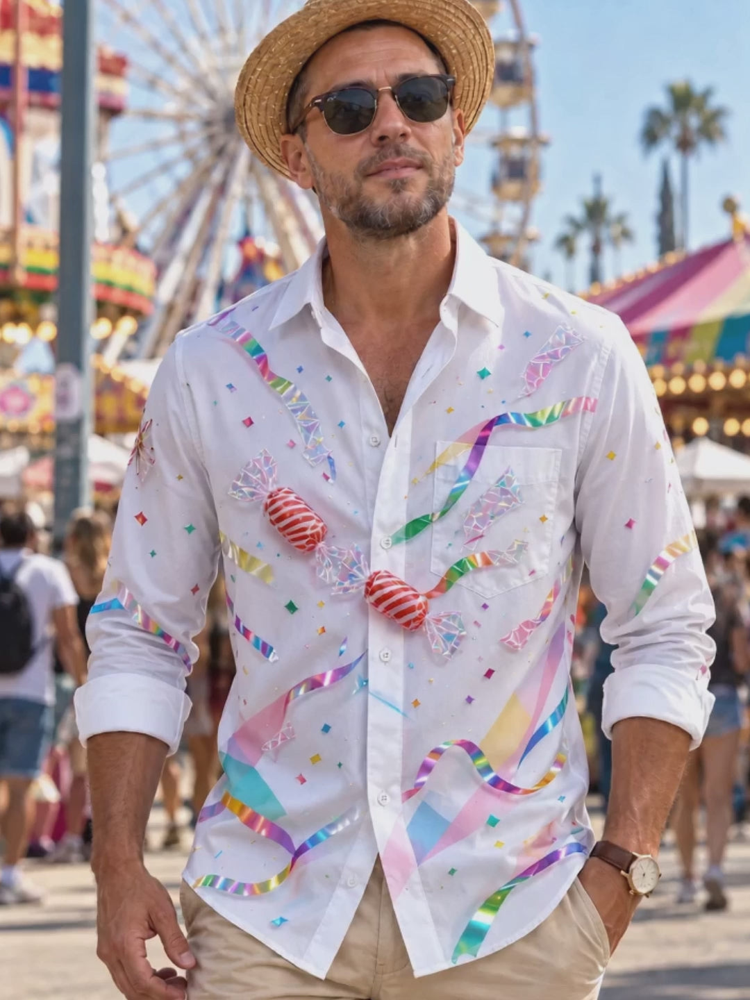 Adaychic Men's Printed Candy And Confetti Print Long Sleeve Shirt with Chest Pocket
