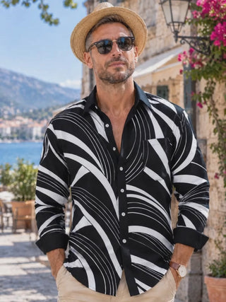 Adaychic Men's Abstract Geometric Curved Lines Print Long Sleeve Shirt with Chest Pocket