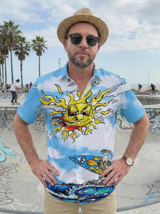 Hawaiian Skull Surfing Men's Pocket Short Sleeve Shirts
