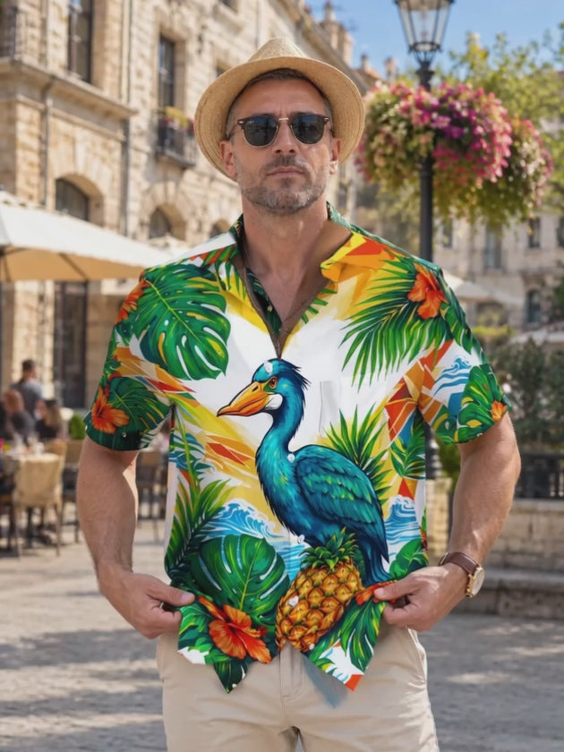 Adaychic Men's Hawaiian Blue Pelican And Pineapple Print Short Sleeve Shirt with Chest Pocket