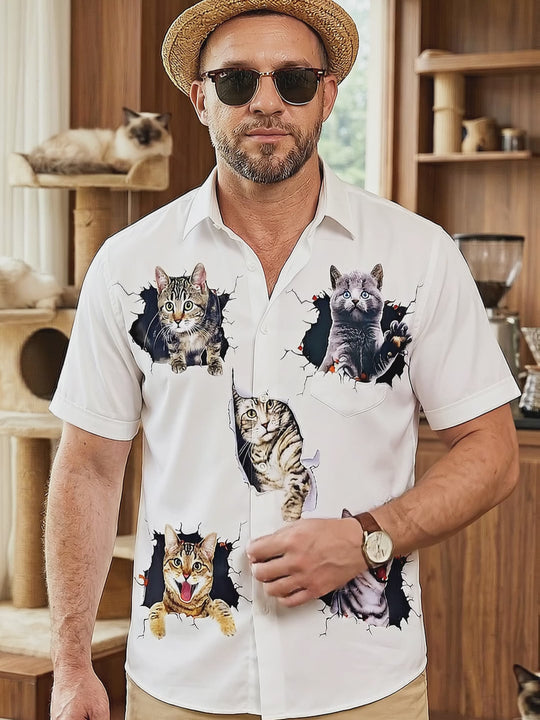 Cat Print Men's Pocket Short Sleeve Shirts