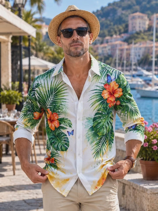 Adaychic Men's Long Sleeve Shirt - Tropical Hibiscus Flowers And Palm Leaves Print with Chest Pocket