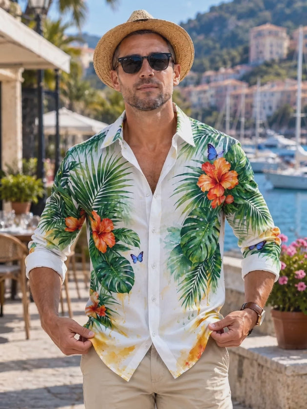 Adaychic Men's Long Sleeve Shirt - Tropical Hibiscus Flowers And Palm Leaves Print with Chest Pocket