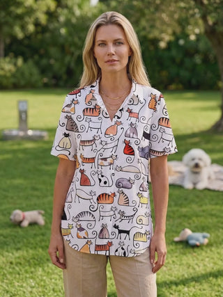 Animal Cat Print Women's Short Sleeve Shirts