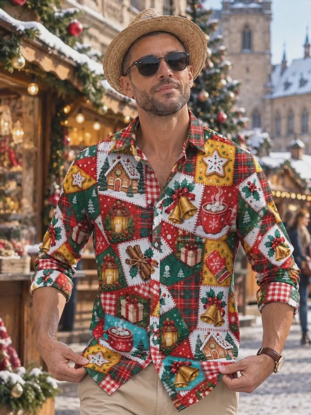 Adaychic Men's Graphic Christmas Patchwork Motifs Print Long Sleeve Shirt with Chest Pocket