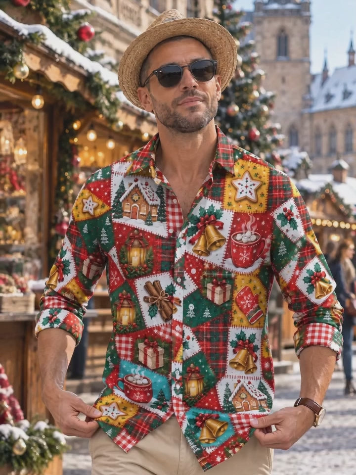 Adaychic Men's Graphic Christmas Patchwork Motifs Print Long Sleeve Shirt with Chest Pocket