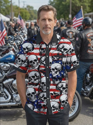 Independence American Flag Skull Men's Pocket Short Sleeve Shirts