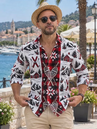Adaychic Men's Long Sleeve Shirt - Winter Skiing Scenes With Snowy Mountains And Cabins Print with Chest Pocket
