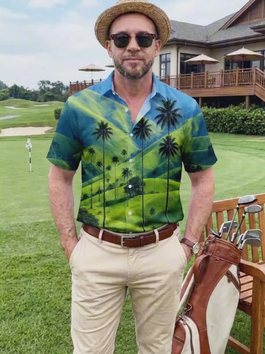 Valley Palm Tree Print Men's Pocket Short Sleeve Shirts