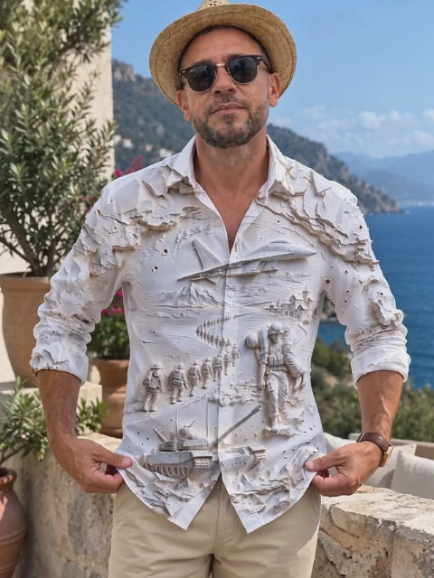 Adaychic Men's Long Sleeve Shirt - 3D Military Relief Scene With Soldiers And Vehicles Print with Chest Pocket