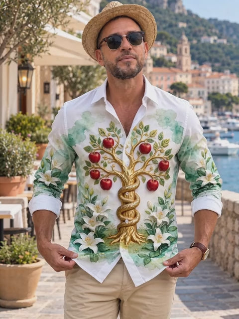Adaychic Men's Tree Of Knowledge With Snake And Apples Print Short Sleeve Shirt with Chest Pocket