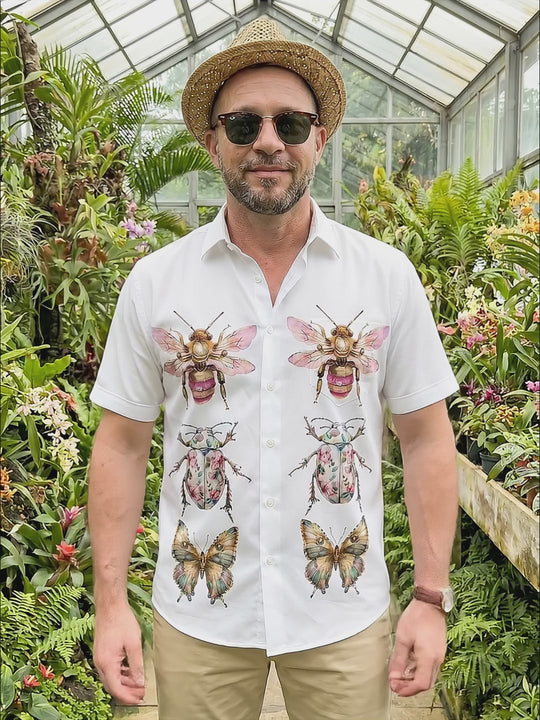 Insect Bee Beetle Butterfly Print Men's Pocket Short Sleeve Shirts