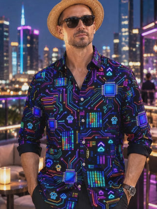 Adaychic Men's Retro Neon Circuit Board And Robot Icons Print Long Sleeve Shirt with Chest Pocket