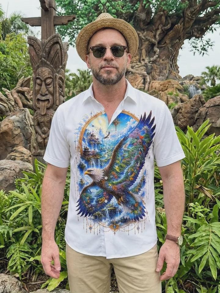 Landscape Scenery Pavilion Bald Eagle Flower Bird Fairyland Art Golden Gilded Men's Pocket Short Sleeve Shirts