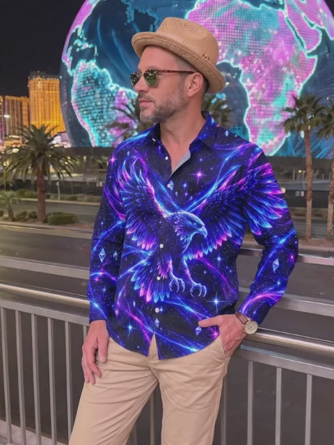 Adaychic Men's Neon Eagle With Galaxy Background Print Long Sleeve Shirt with Chest Pocket