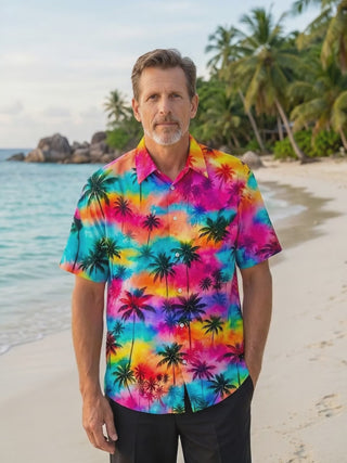 Hawaiian Coconut Tree Tie Dye Men's Pocket Short Sleeve Shirts