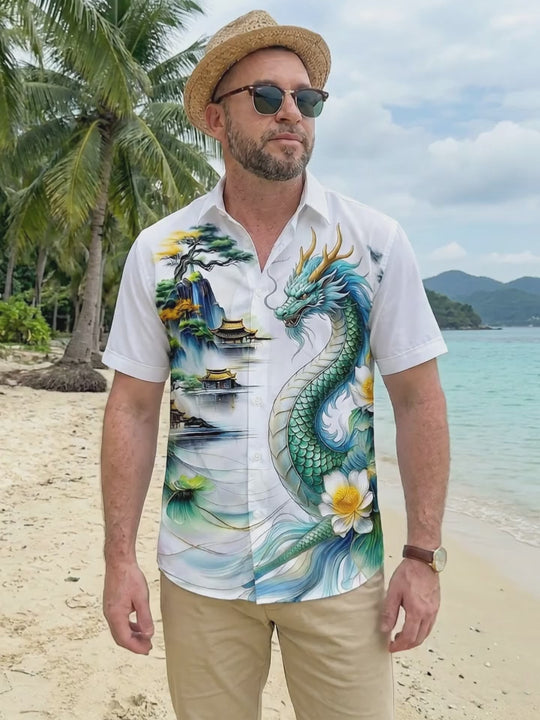 Dragon Mountain Landscape Lotus Men's Pocket Short Sleeve Shirts