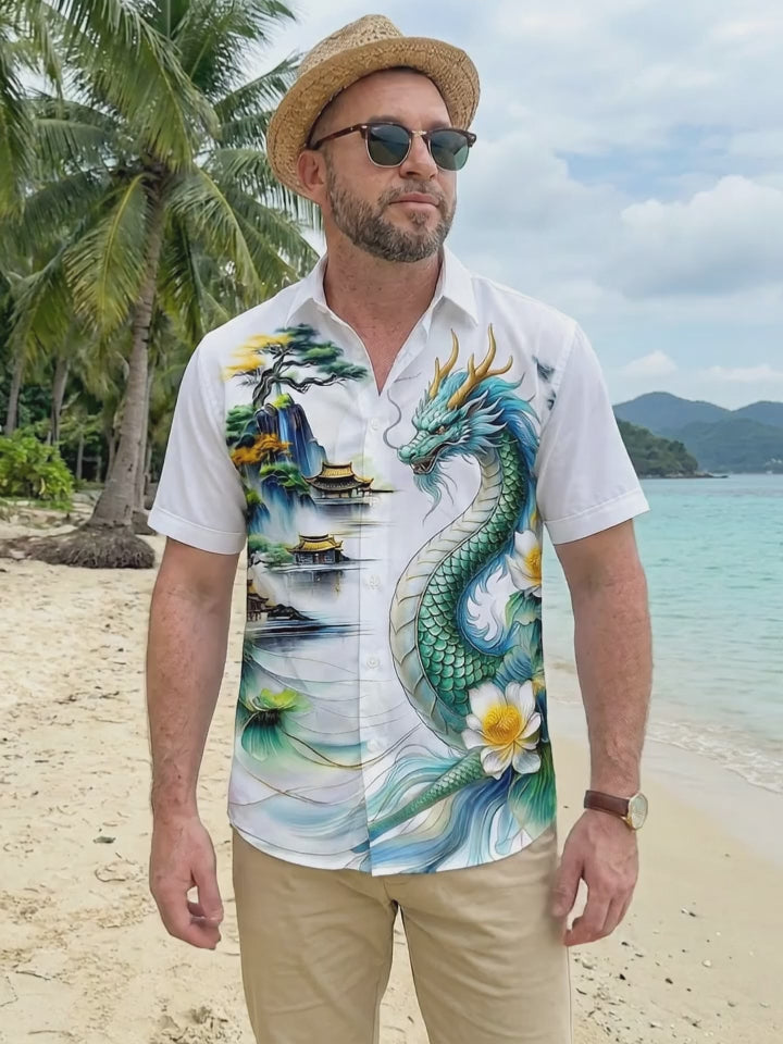 Dragon Mountain Landscape Lotus Men's Pocket Short Sleeve Shirts