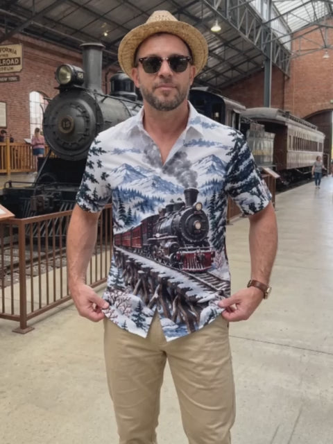 Adaychic Men's Short Sleeve Shirt - Vintage Steam Train In Snowy Mountain Landscape Print with Chest Pocket