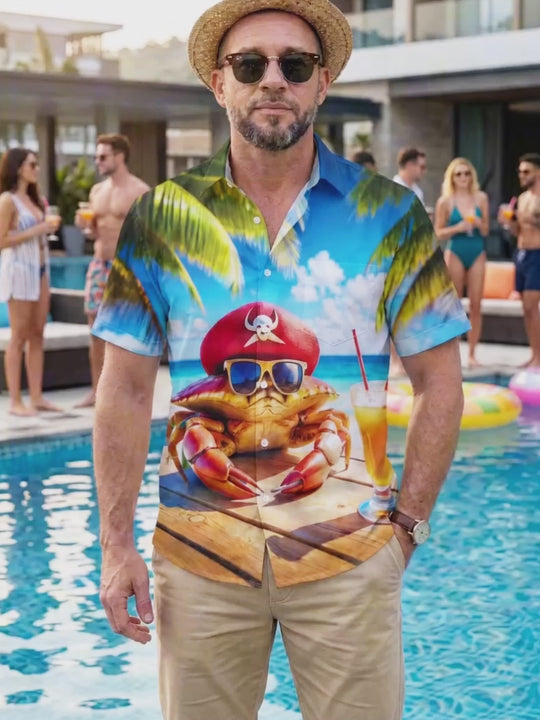 Hawaiian Beach Pirate Crab Men's Pocket Short Sleeve Shirts