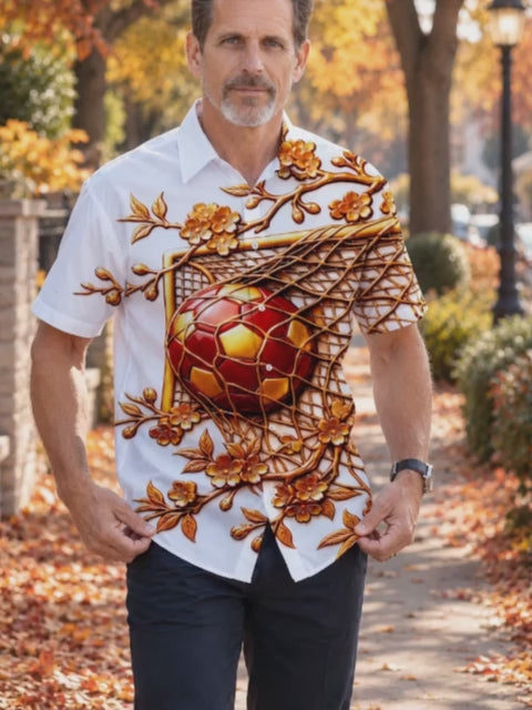 Adaychic Men's Short Sleeve Shirt - Soccer Goal And Ball With Plum Blossom Branches Print with Chest Pocket