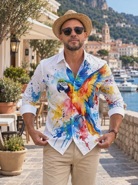 Adaychic Men's Short Sleeve Shirt - Watercolor Macaw Parrot With Splatter Paint Print with Chest Pocket
