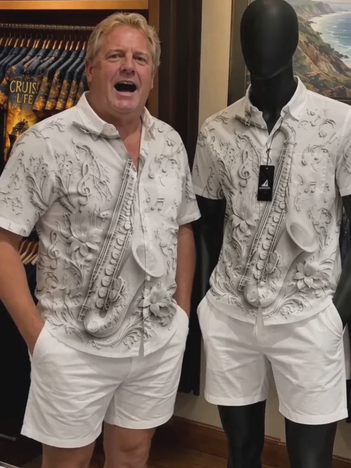 Adaychic Men's Graphic Floral 3D Saxophone Musical Print Short Sleeve Button Down Shirt with Chest Pocket