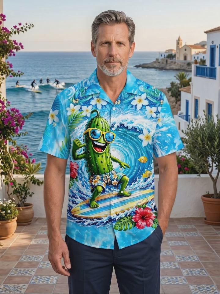 Hawaiian Cucumber Surfing Men's Pocket Short Sleeve Shirts