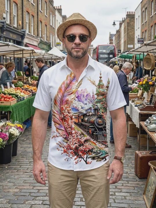 Art Vintage Steam Train Cherry Blossom Feather Castle Scenery Men's Pocket Short Sleeve Shirts