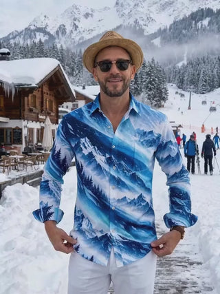 Adaychic Men's Printed Snowy Mountains And Pine Forest Print Long Sleeve Shirt with Chest Pocket