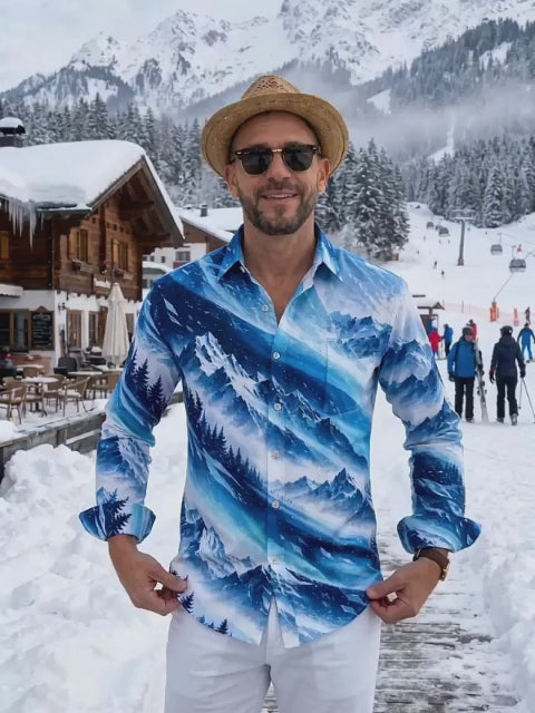 Adaychic Men's Printed Snowy Mountains And Pine Forest Print Long Sleeve Shirt with Chest Pocket