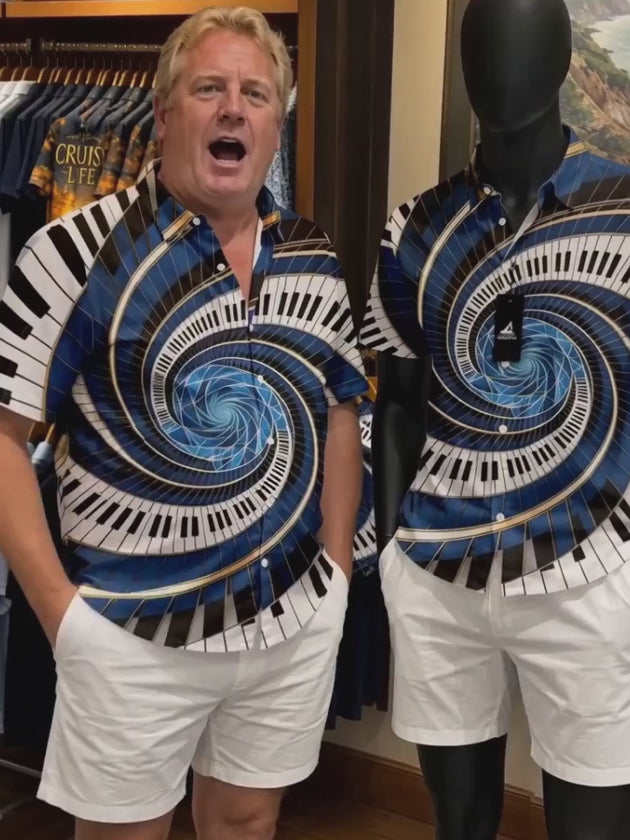 Adaychic Men's Graphic Spiral Piano Keys Print Short Sleeve Shirt with Chest Pocket