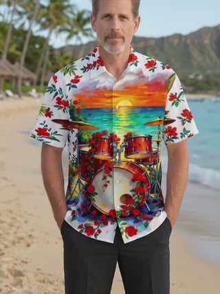 Adaychic Men's Hawaiian Drum Set With Red Flowers Print Short Sleeve Shirt with Chest Pocket