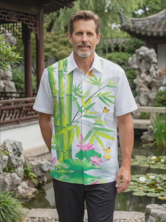 3D Bamboo Lotus Butterfly Men's Pocket Short Sleeve Shirts