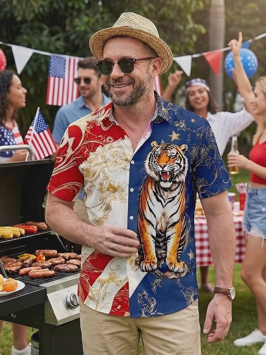 American Tiger Independence Day Men's Pocket Short Sleeve Shirts