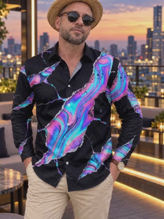 Adaychic Men's Long Sleeve Shirt - Abstract Psychedelic Swirls And Splatters Print with Chest Pocket