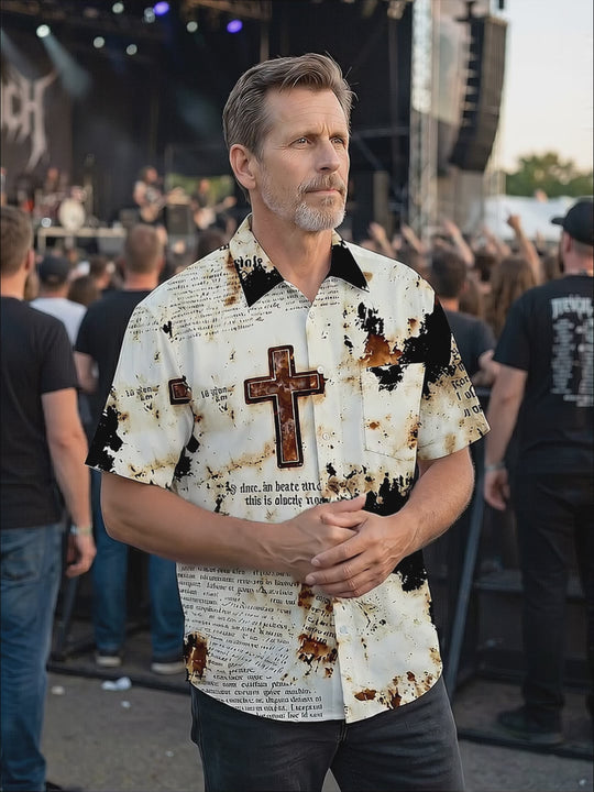 Vintage Cross Religion Distressed Print Men's Pocket Short Sleeve Shirts