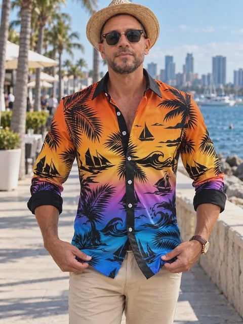 Adaychic Men's Short Sleeve Shirt - Tropical Sunset Sailboats And Palm Leaves Print with Chest Pocket