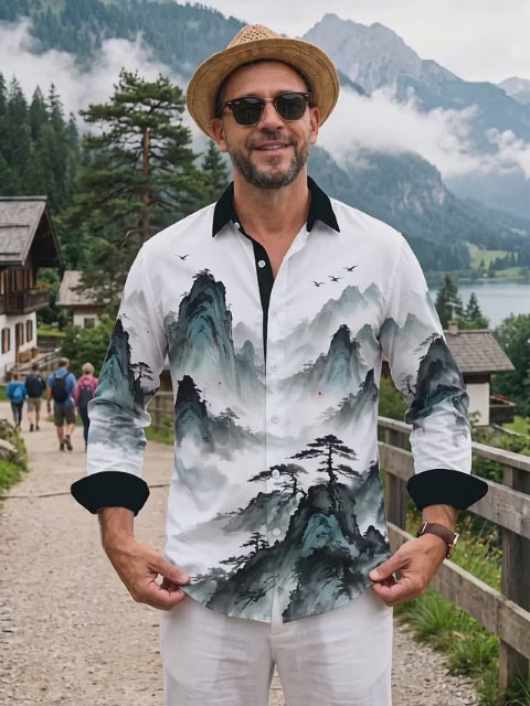 Adaychic Men's Long Sleeve Shirt - Chinese Landscape Mountains And Pine Trees Print with Chest Pocket