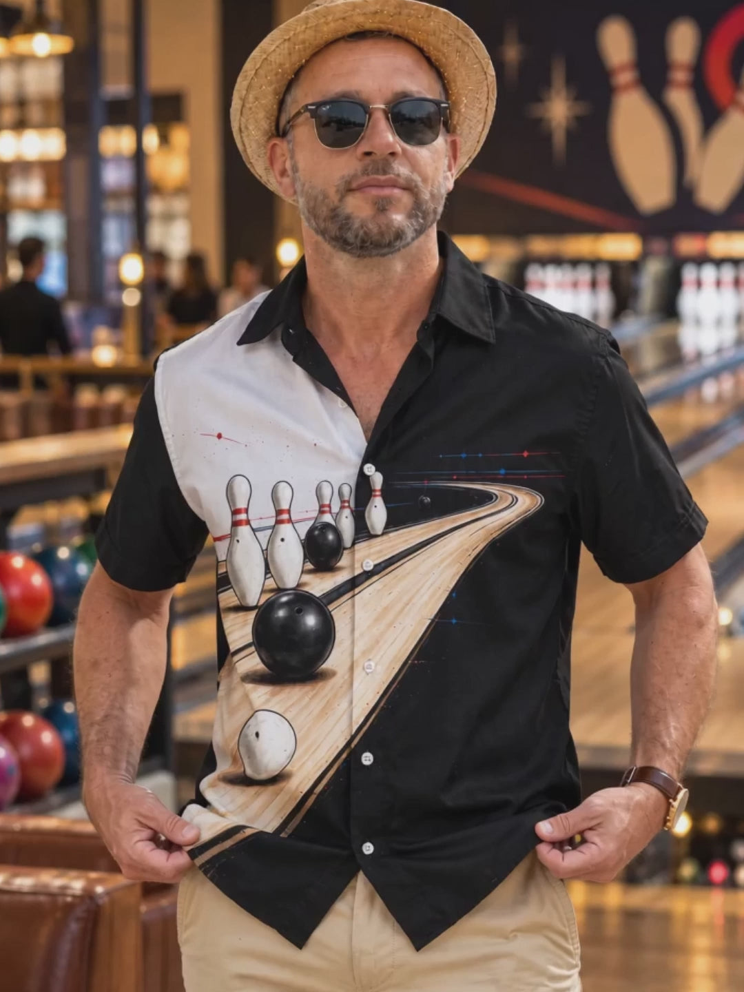 Adaychic Men's Bowling Pins And Bowling Balls On Lane Print Short Sleeve Shirt with Chest Pocket