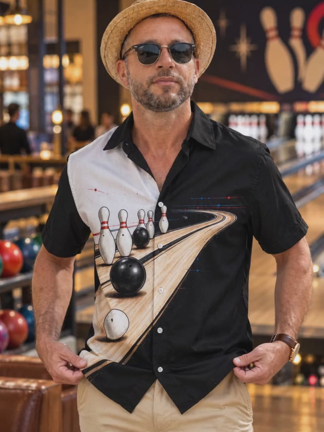 Adaychic Men's Bowling Pins And Bowling Balls On Lane Print Short Sleeve Shirt with Chest Pocket