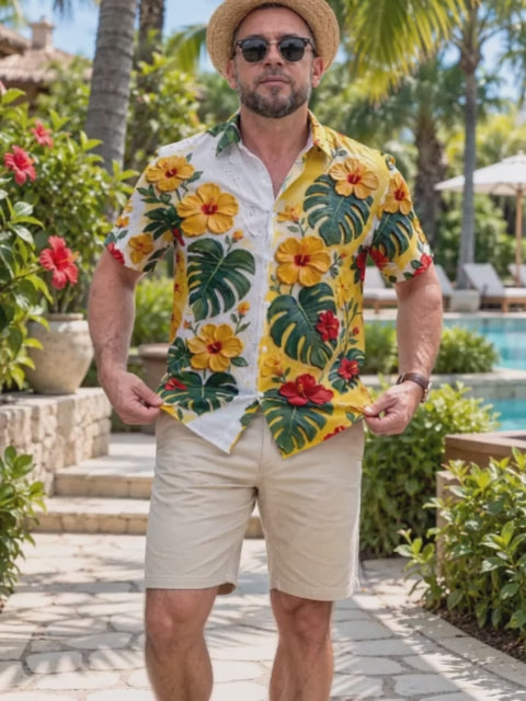 Adaychic Men's Hibiscus Flowers And Monstera Leaves Print Short Sleeve Shirt with Chest Pocket