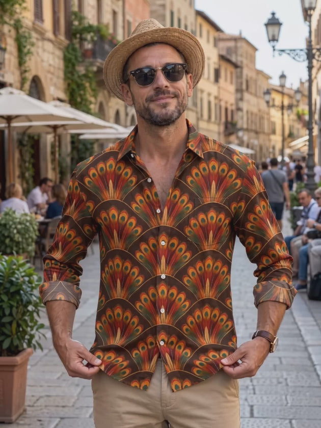 Adaychic Men's Printed Peacock Feathers Print Long Sleeve Shirt with Chest Pocket