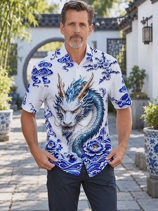 Adaychic Men's Printed Blue And White Porcelain Dragon Print Short Sleeve Shirt with Chest Pocket