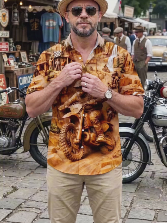 Wood Carving Motocross Race Men's Pocket Short Sleeve Shirts