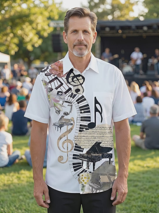 Musical Note Piano Print Men's Pocket Short Sleeve Shirts