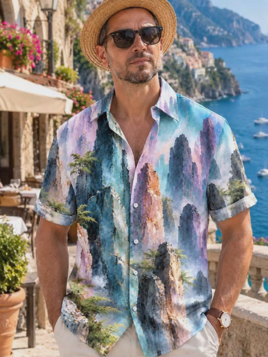 Adaychic Men's Mountain Landscape With Pine Trees Print Short Sleeve Shirt with Chest Pocket