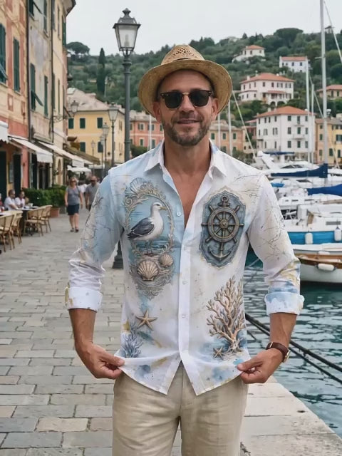 Adaychic Men's Vintage Nautical Marine Life Print Long Sleeve Shirt with Chest Pocket